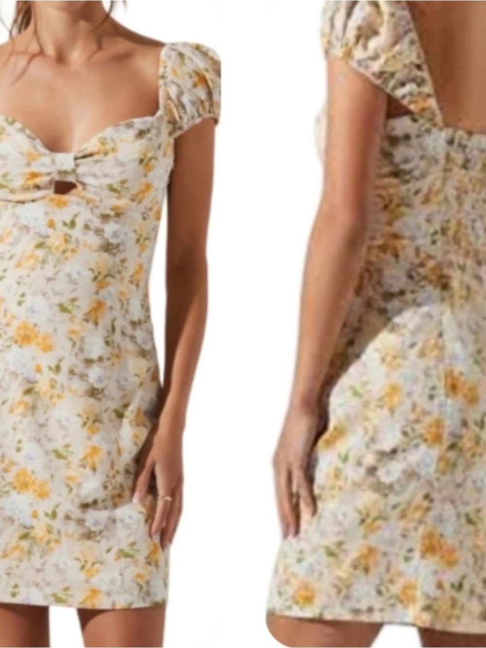 Astr Floral Puff-Sleeve Mini Dress in White and Yellow